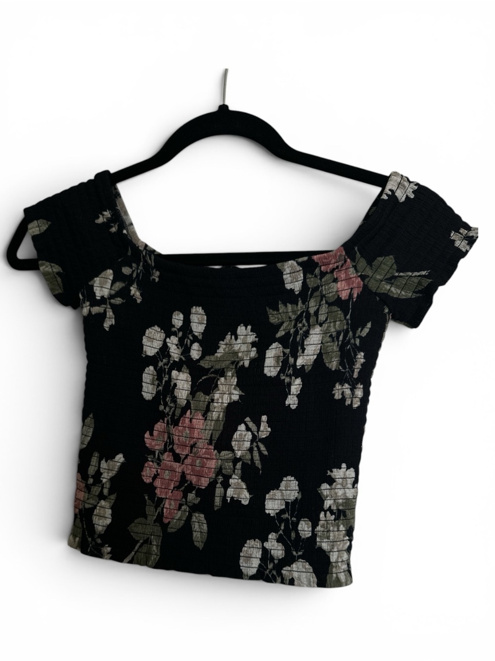 Dynamite Black Off-Shoulder Smocked Crop Top with Pink & Green Floral